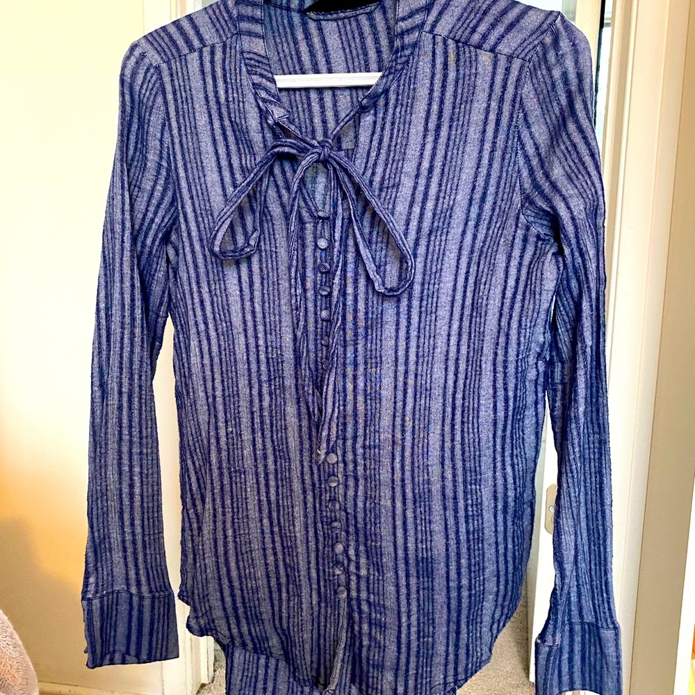 Blue striped blouse with cute bow and buttons (Korean boutique find)